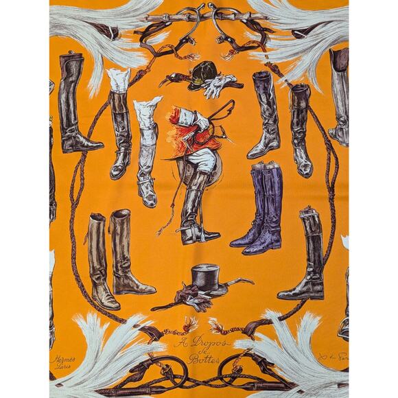 Authentic Hermes A Propos de Bottes Orange Silk Scarf 90 - Picture 2 of 8